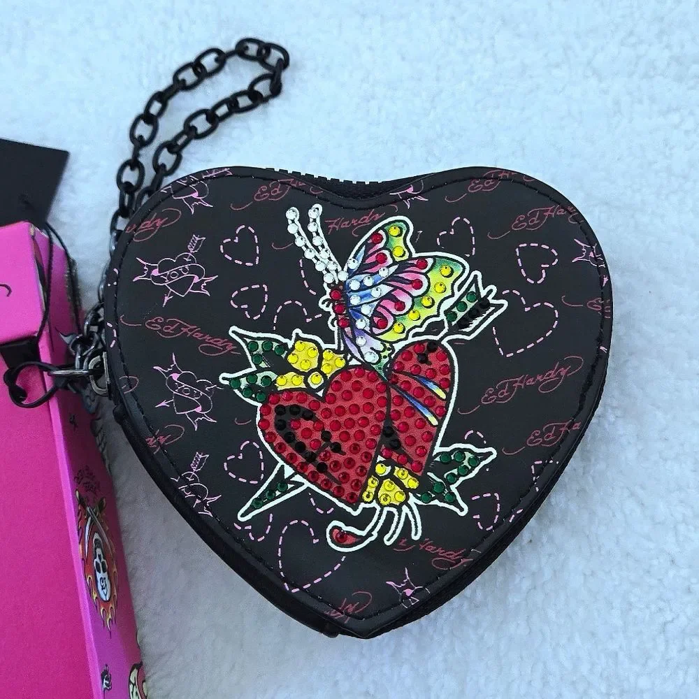 Ed Hardy Double✌️ Red❤️ Rhinestone💎 Hearts❤ Zip Around Coin🪙 Purse - NIB